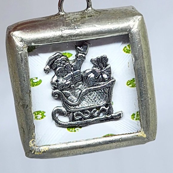 Rare Vintage Christmas Santa Ornament Two Sided Glass Pewter Swivel Clip Charm - Picture 1 of 10